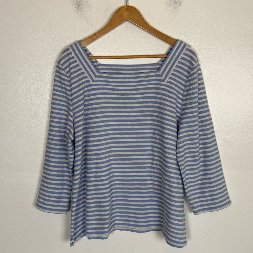 Talbots 3/4 Sleeves Top XL Blue & White Textured Stripes Square Neck Nautical